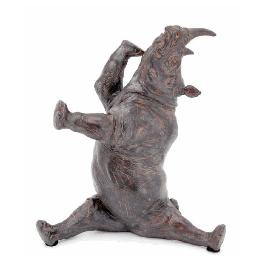 Bronze rhino sculpture doing splits, whimsical pose.