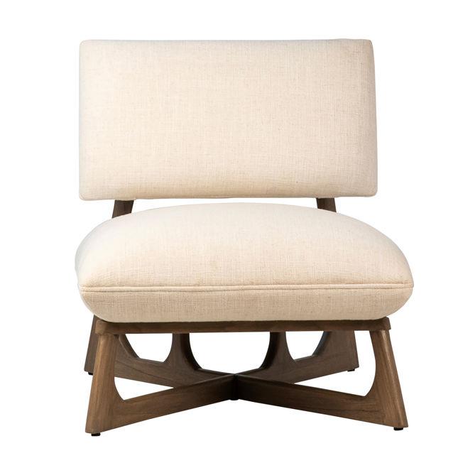 Modern cream chair with wooden legs.