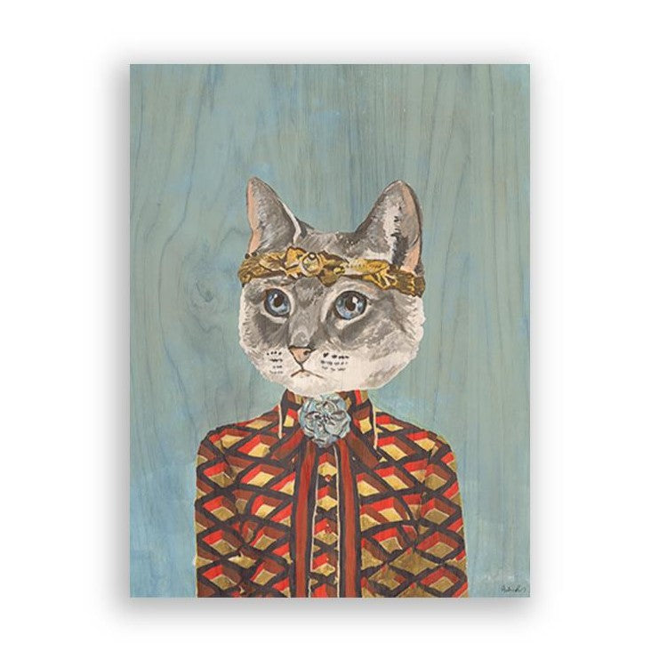 Cat in fancy attire with headband, against a blue background.