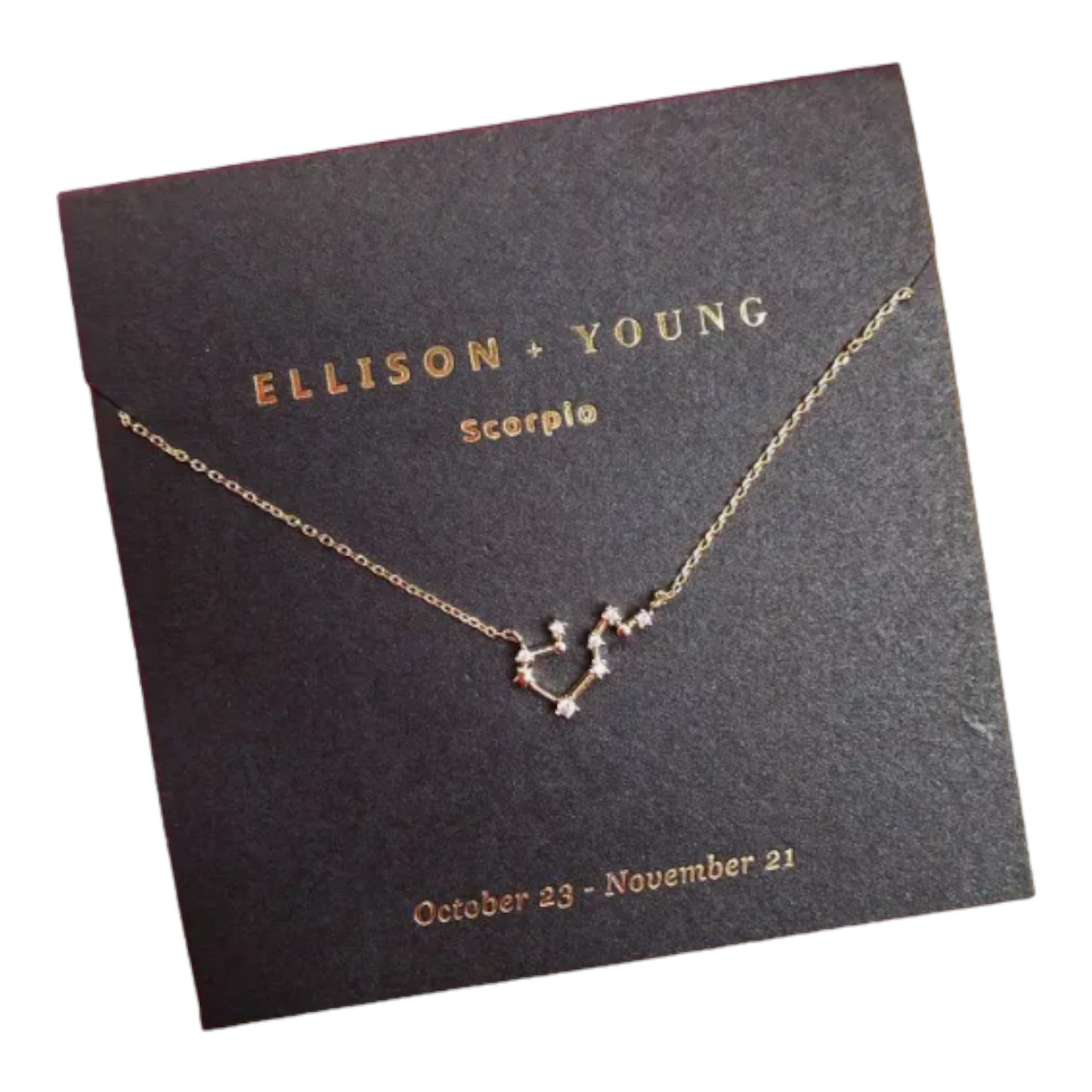 Gold Scorpio necklace on black card from Ellison + Young.