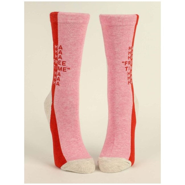 Two pink and red socks with "FREE TIME" text.