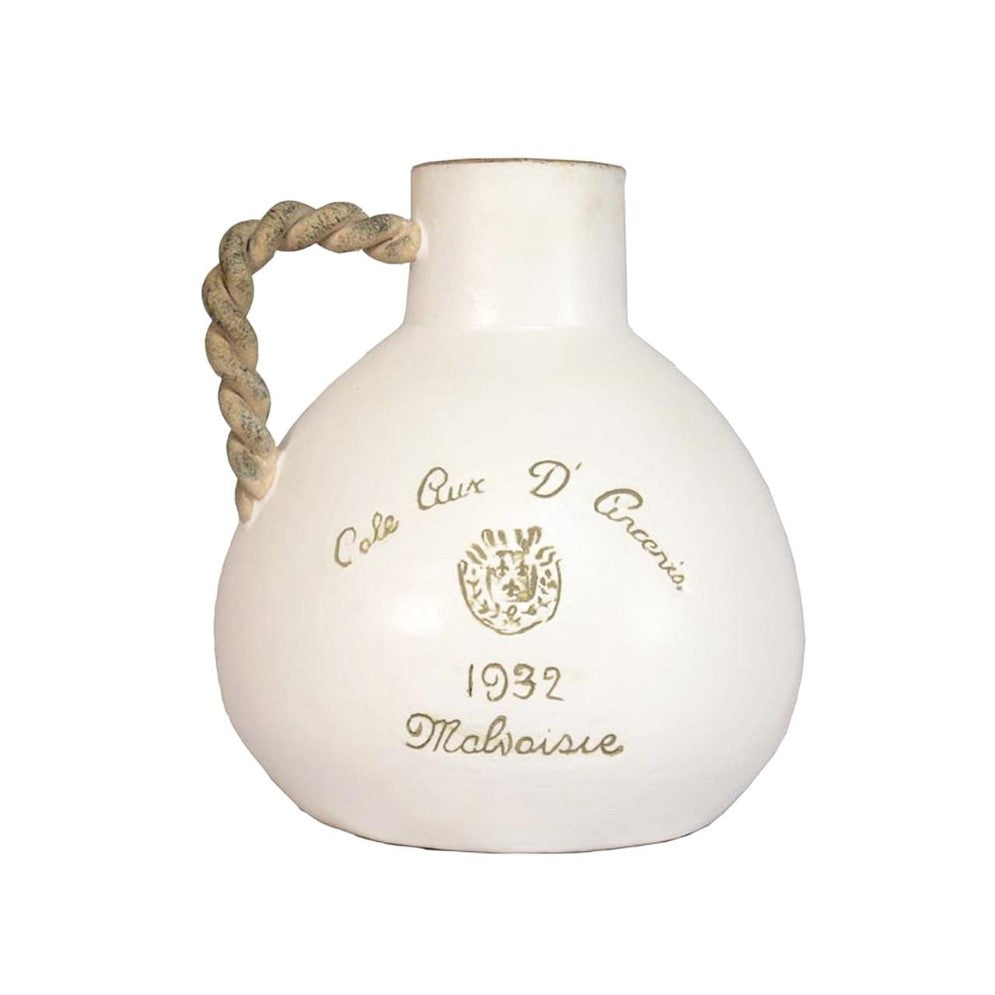 White ceramic jug with rope handle, inscription "1932 Maloise."