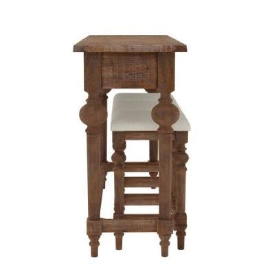 Wooden table and stool with carved legs, viewed from the side.