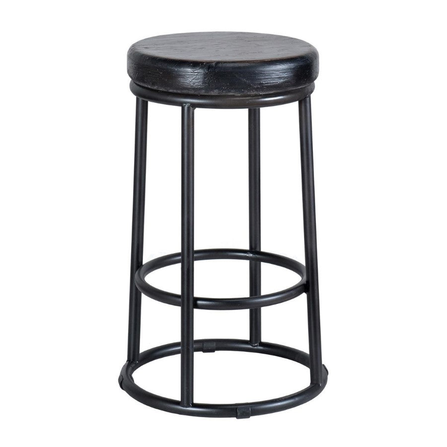 Black metal stool with a round wooden seat.