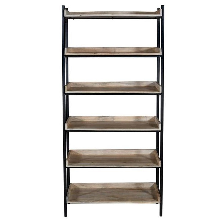 Wooden shelf unit with six tiers, black metal frame.
