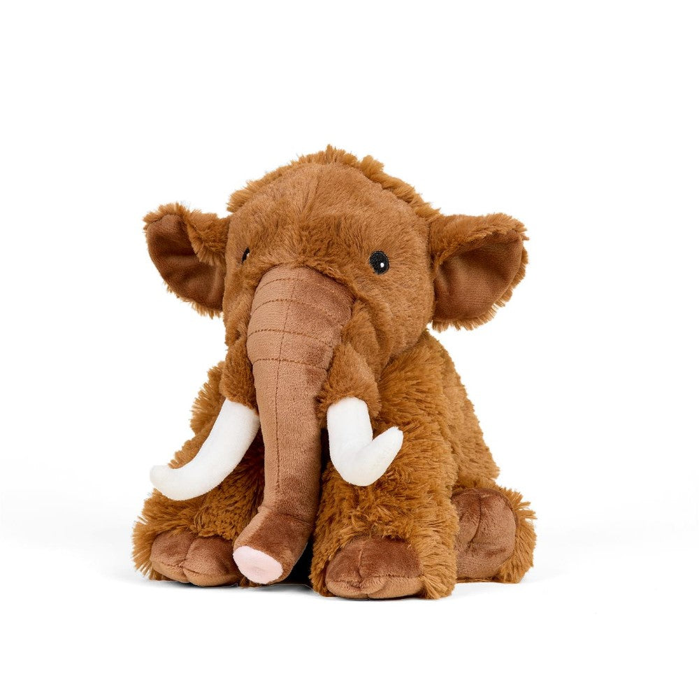 Cute stuffed woolly mammoth with tusks, sitting on a white background.