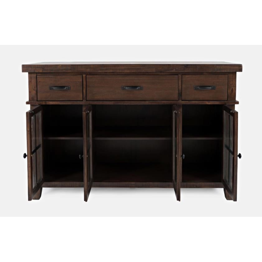 Dark wood cabinet with three open drawers and glass doors.