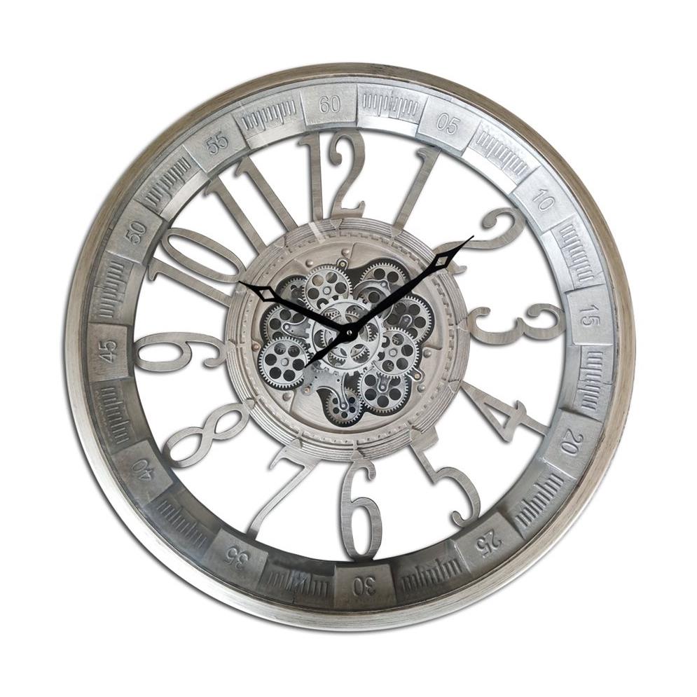 Industrial-style clock with exposed gears and large numbers.