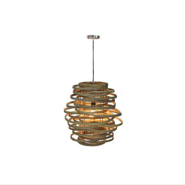 Wooden spiral pendant light hanging from ceiling.