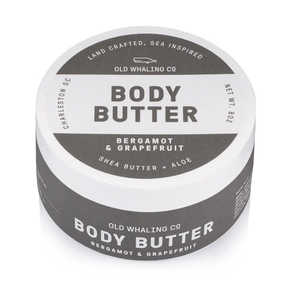 Round container of Old Whaling Co. Body Butter, bergamot & grapefruit.