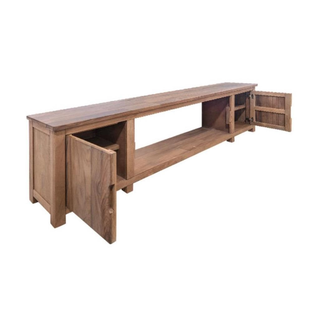 Long wooden console table with open cabinets.