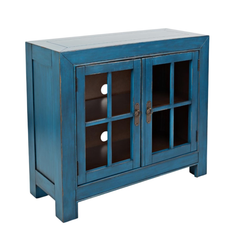 Blue wooden cabinet with glass paneled doors and metal handles.