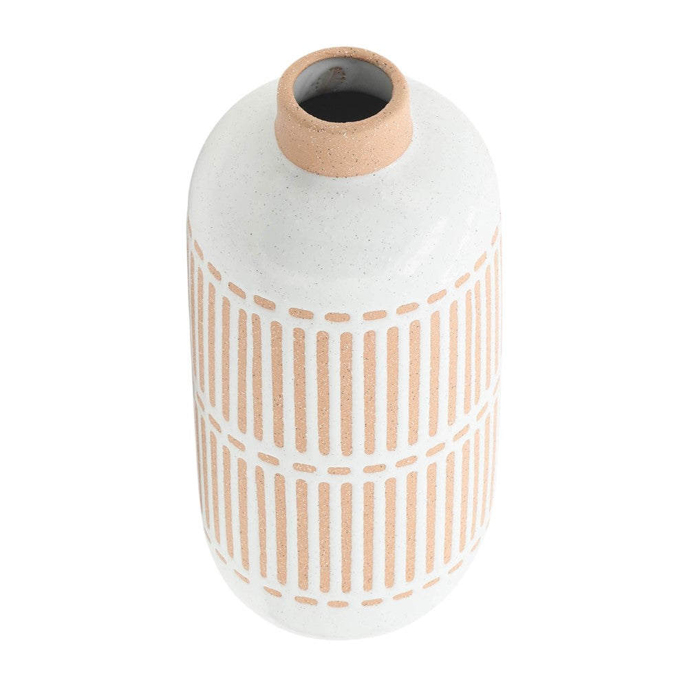 White vase with tan geometric lines, simple and elegant design.