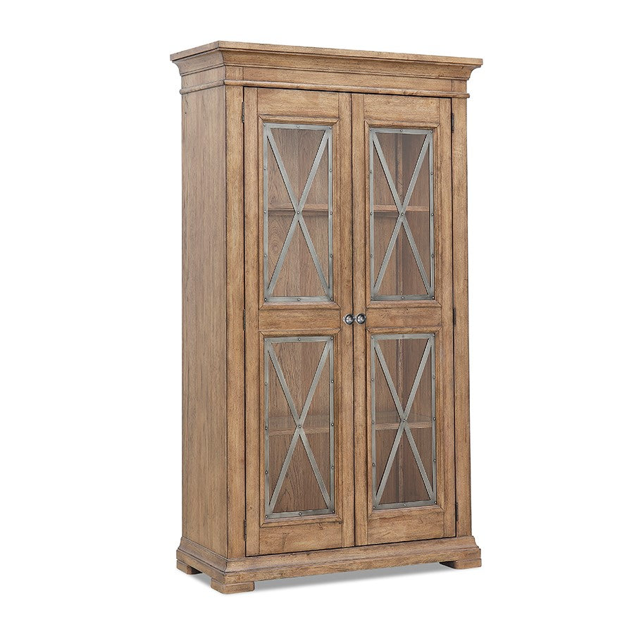 Wooden cabinet with glass doors and cross design panels.