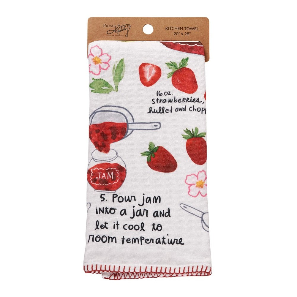 Kitchen towel with strawberry jam recipe design.