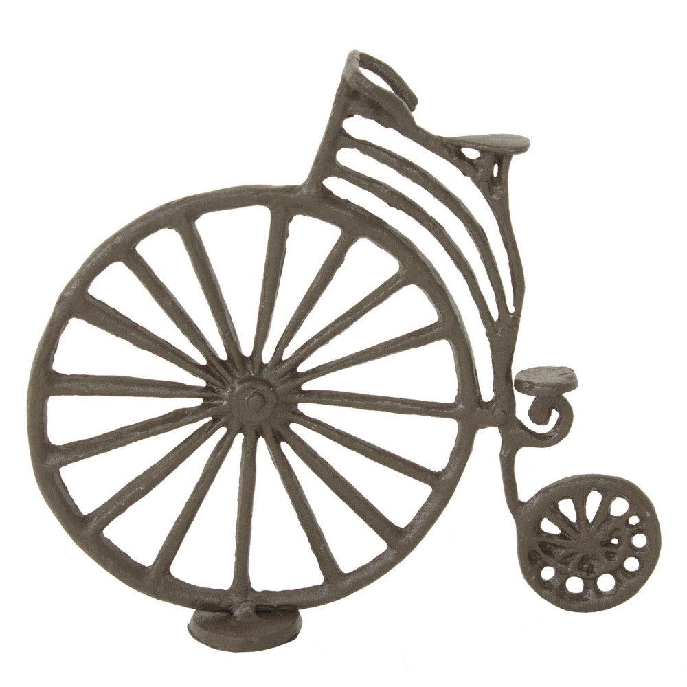 Metal penny-farthing sculpture with a large and small wheel.