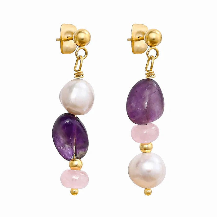 Gold drop earrings with amethyst, pearl, and pink stones.