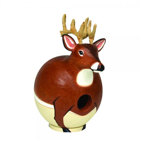 Deer-themed round birdhouse with antlers and a front opening.