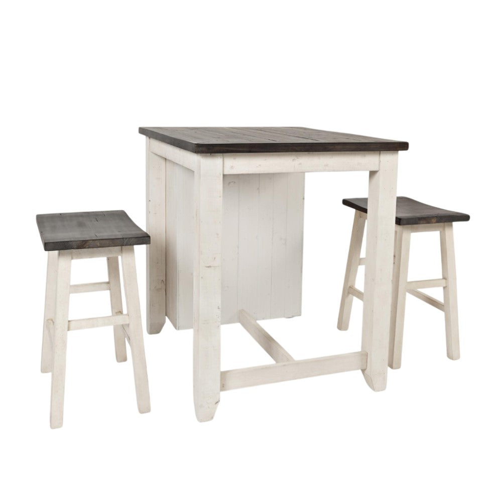 Wooden table set with two stools, white base, dark tops.