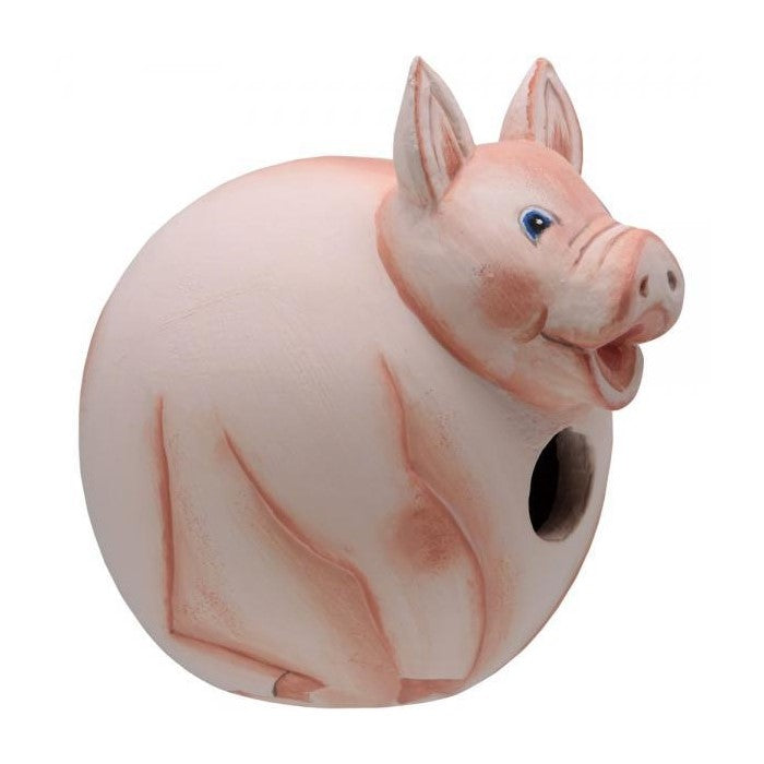 Round, smiling pig-shaped ceramic birdhouse.