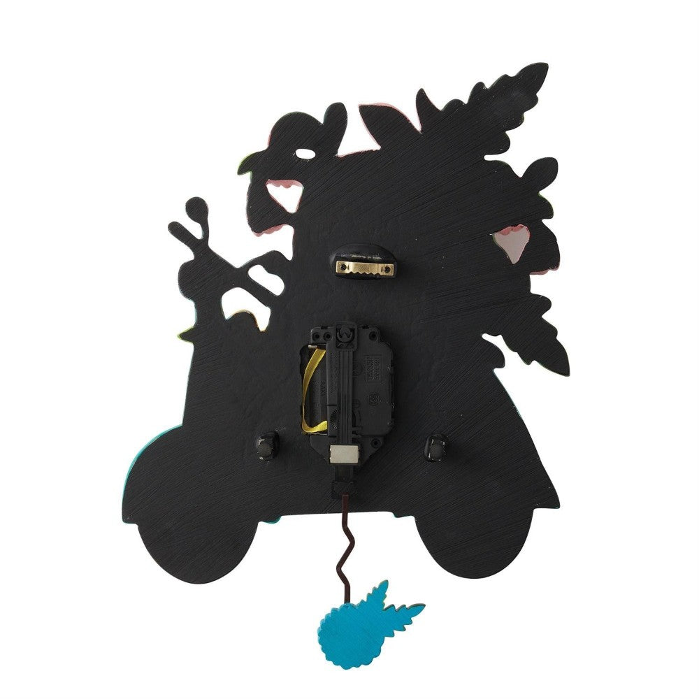 Silhouette of a whimsical wall clock with parrot and scooter shapes.