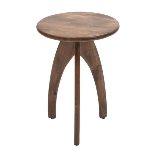 Wooden stool with a round top and three curved legs.
