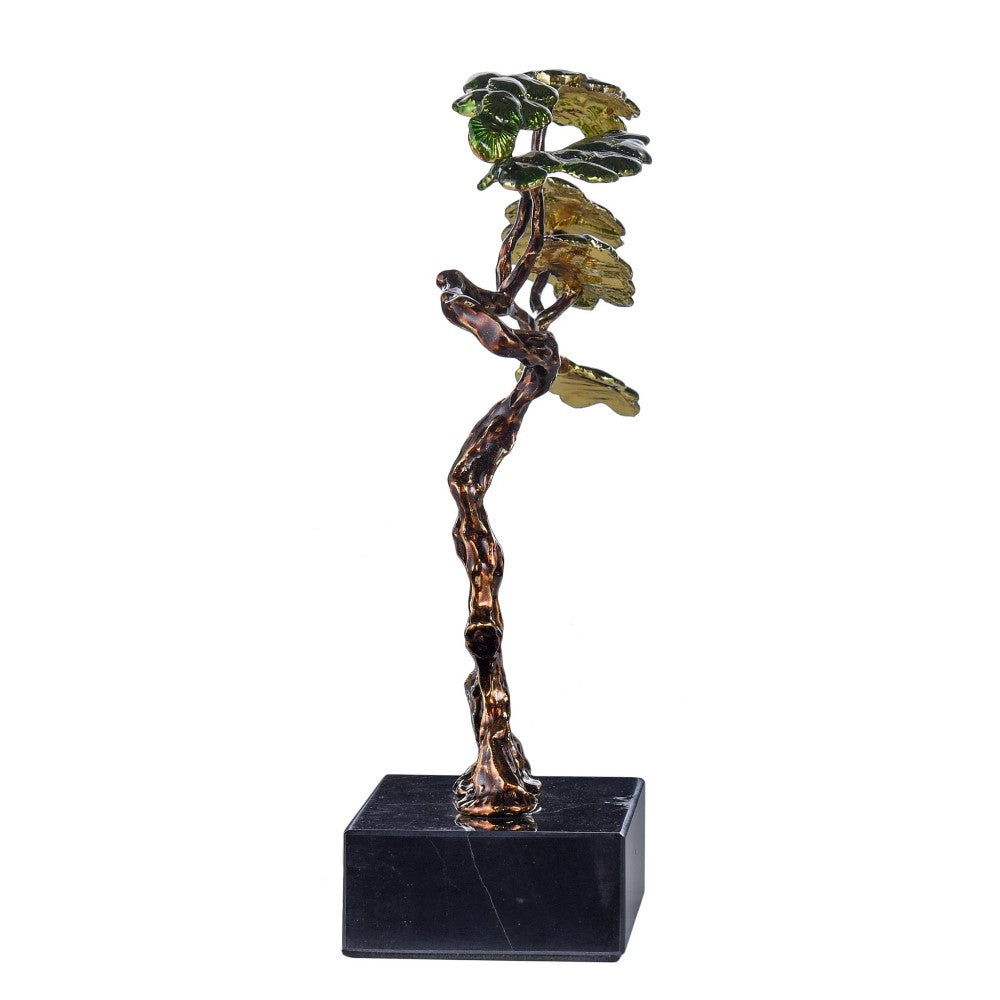 Bronze bonsai tree sculpture on a black marble base.
