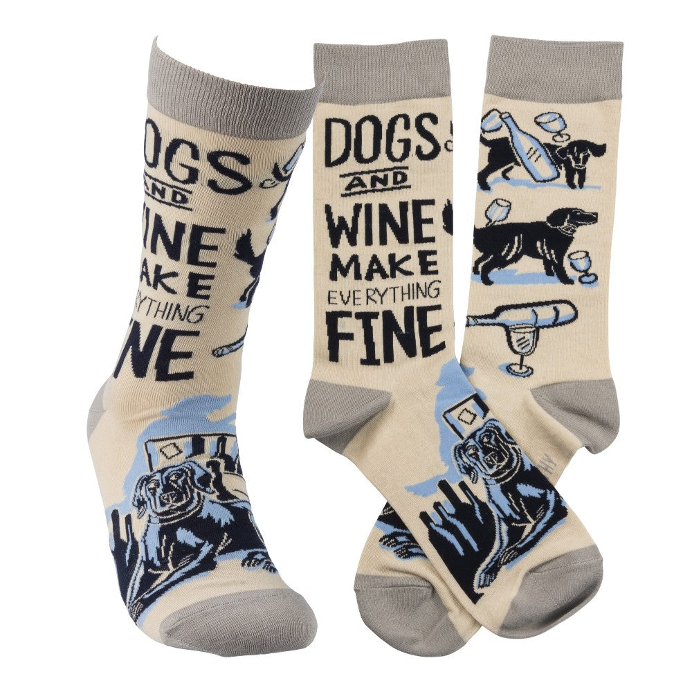 Socks with dogs, wine bottles, and glasses depicting a fun quote.