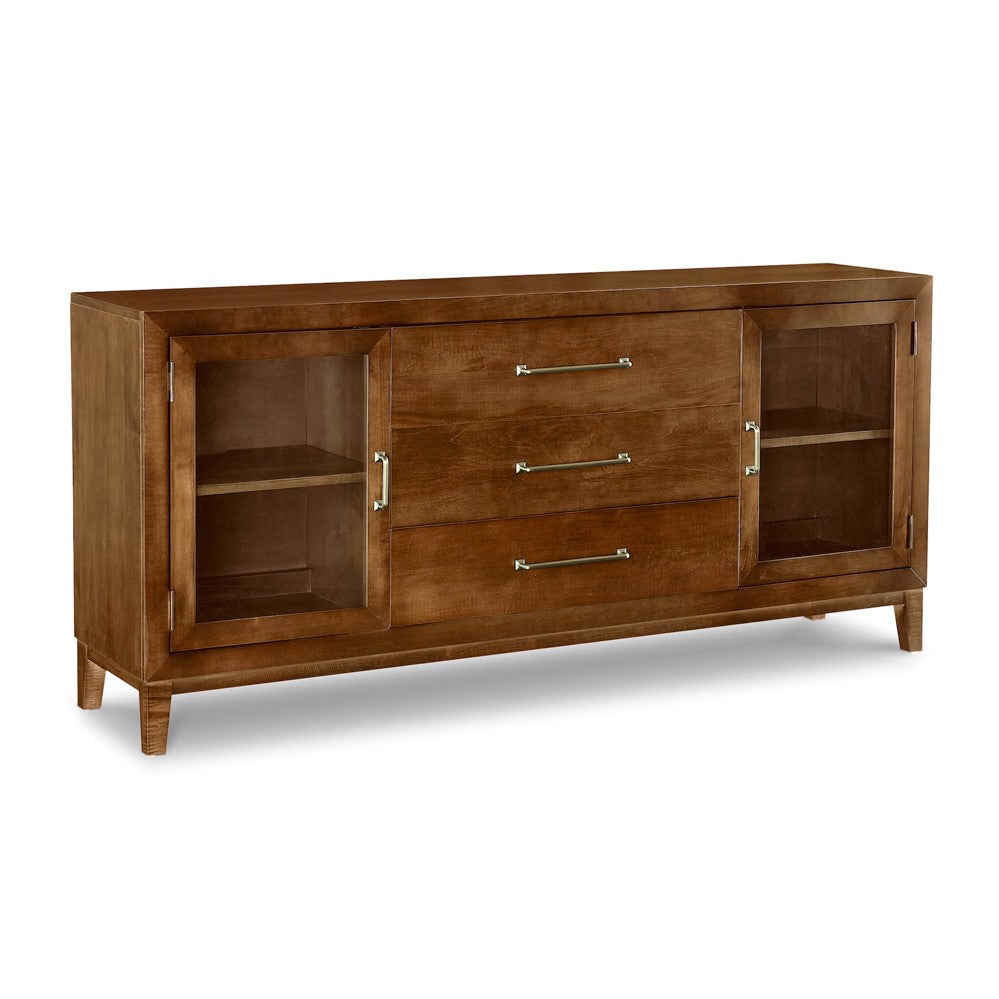 Wooden sideboard with three drawers and glass-paneled doors.