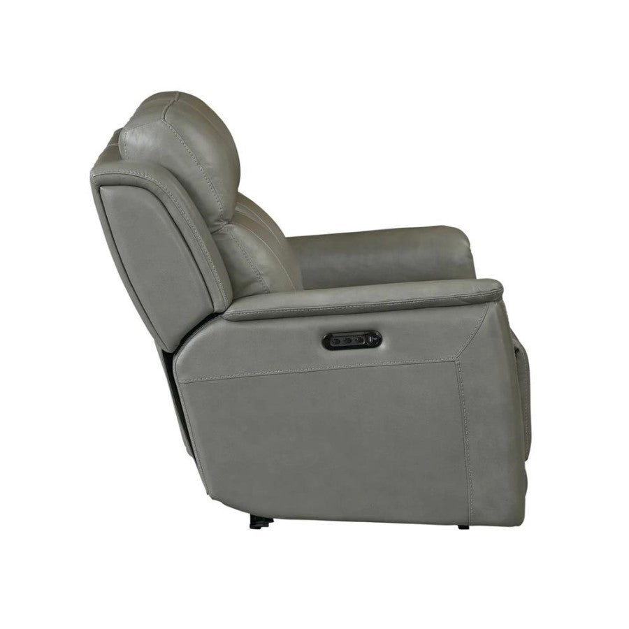 Side view of a gray leather recliner chair.