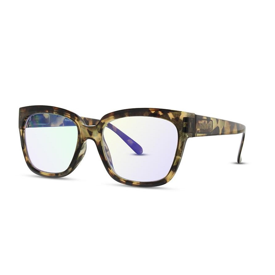 Tortoiseshell glasses with blue anti-reflective lenses.