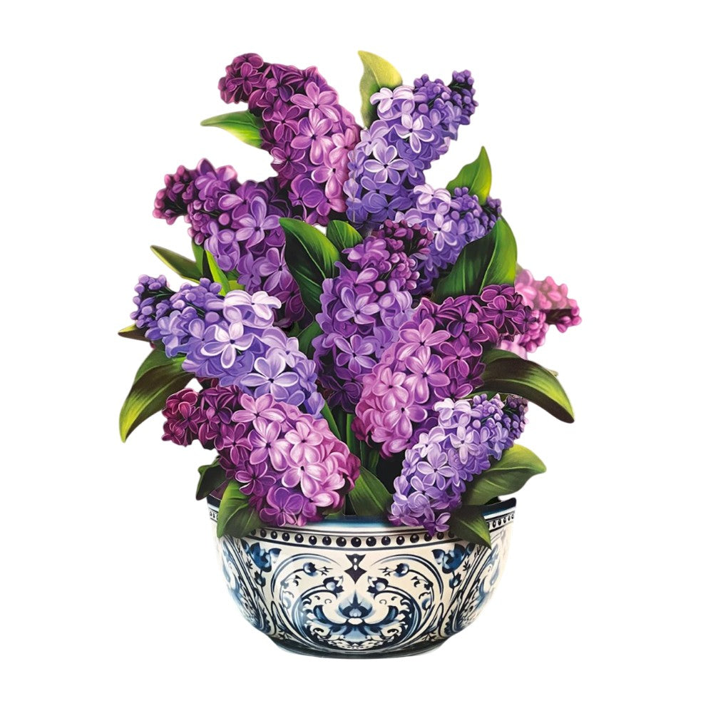Purple and pink lilacs in a decorative blue and white bowl.