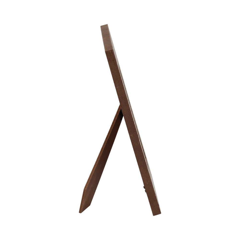 Side view of a brown foldable wooden stand.