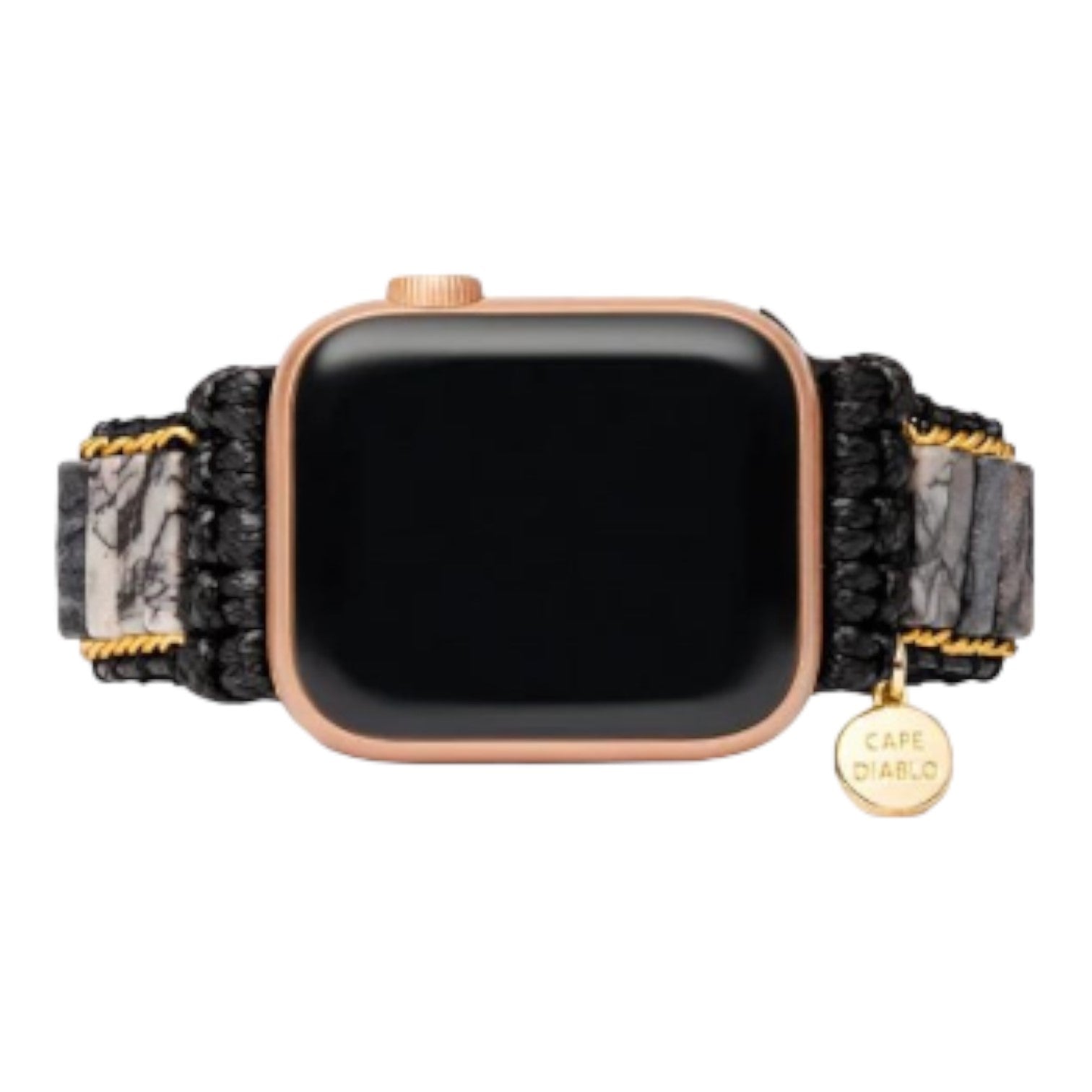 Smartwatch with a woven beaded band and a gold tag.