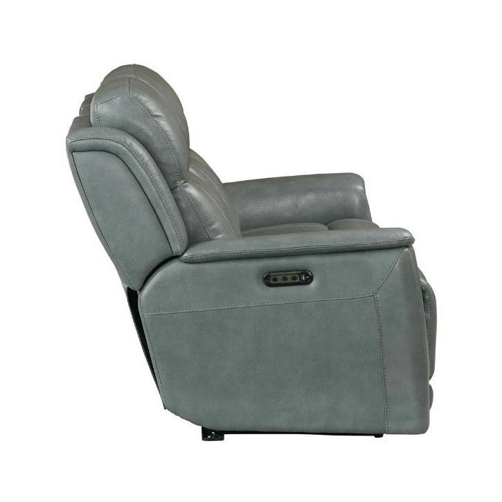 Side view of a gray leather recliner chair against white background.