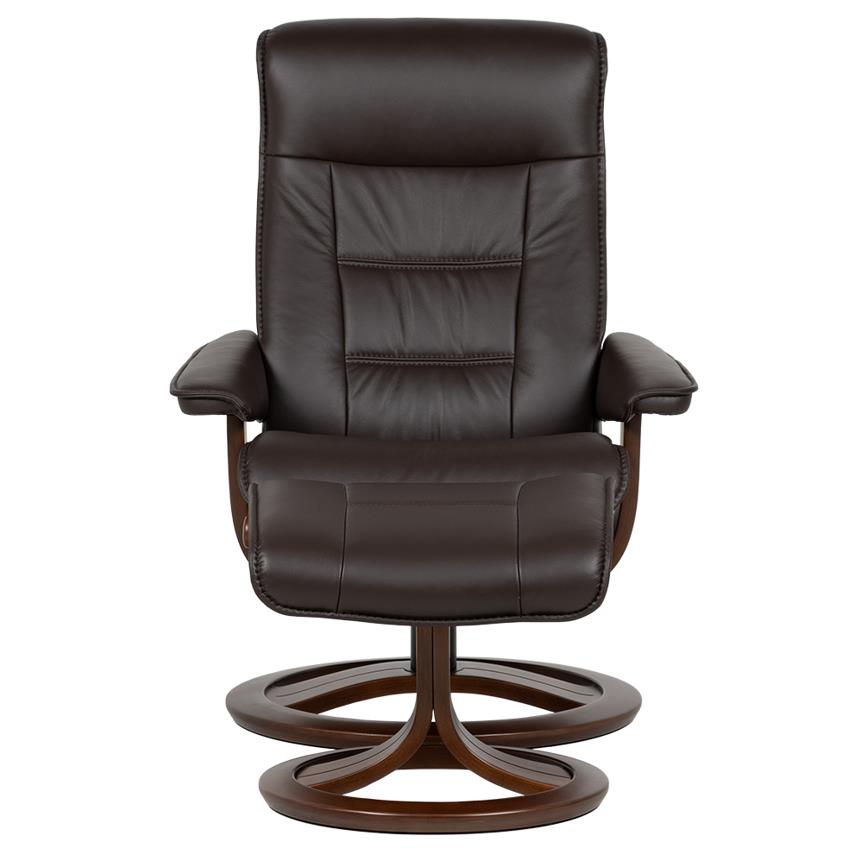 Brown leather swivel chair with wooden base.