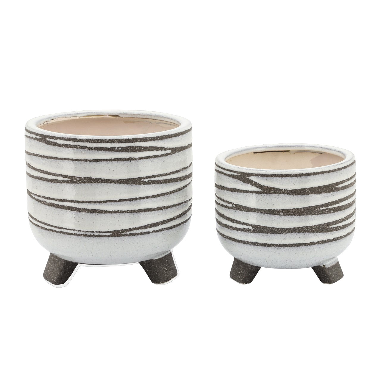 Striped decorative pots with legs, one large and one small.