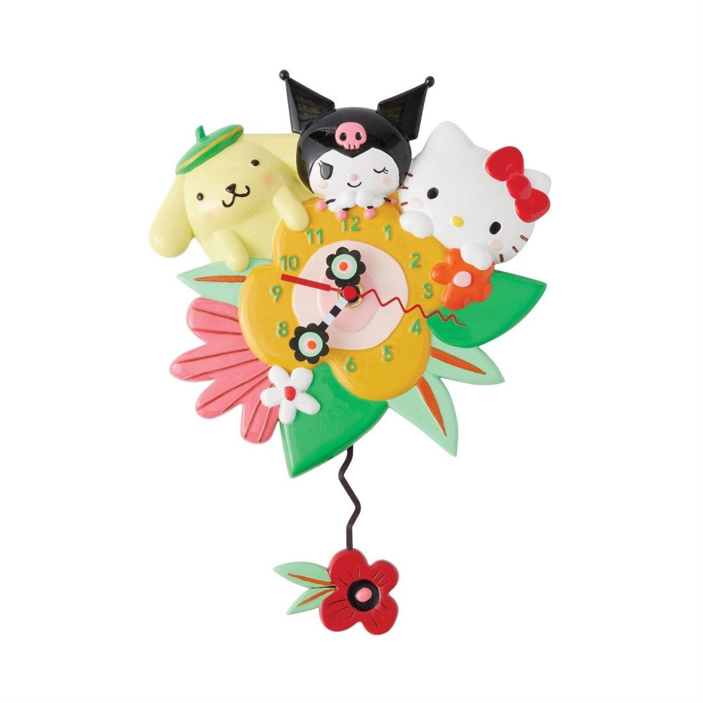 Colorful flower-shaped clock with cute characters on top.