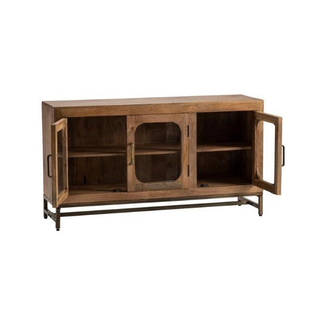 Wooden sideboard with open glass doors and a metal base.