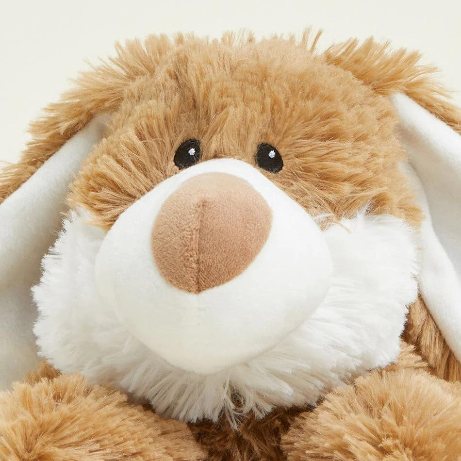Fluffy brown and white plush bunny with soft ears and a cute nose.