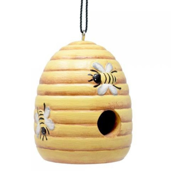 Bee-themed birdhouse, yellow with bee designs, rope hanging.