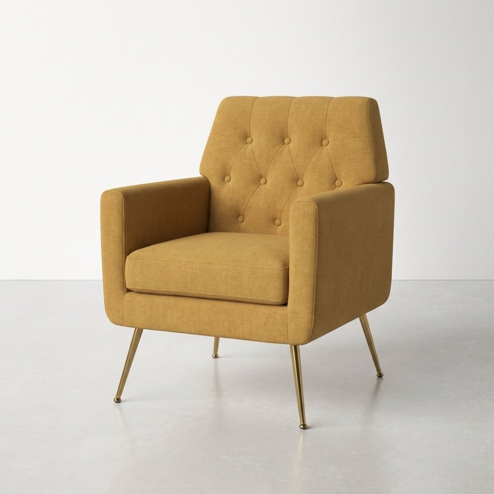 Mustard yellow armchair with buttoned back and slim metal legs.