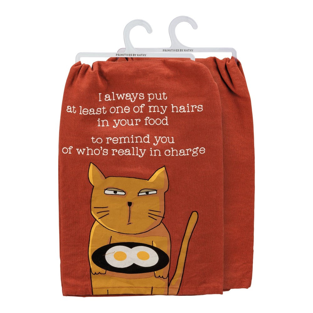 Orange towel with a cat illustration and humorous text about cat hair in food.