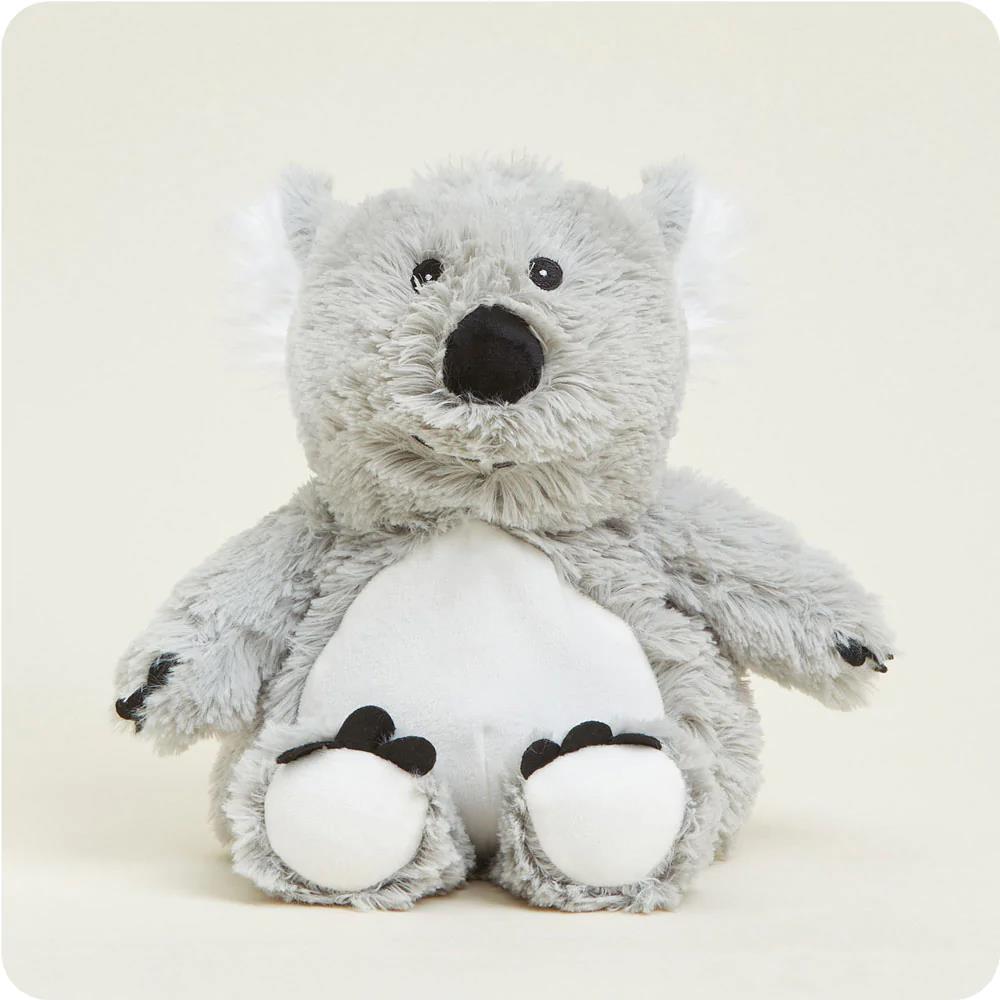 Fluffy gray koala plush toy with white belly and paws.