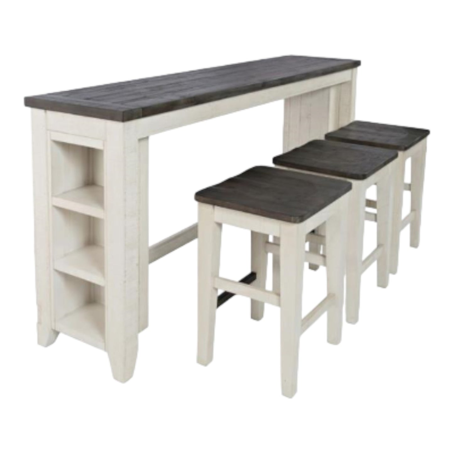 White kitchen island with three matching barstools.