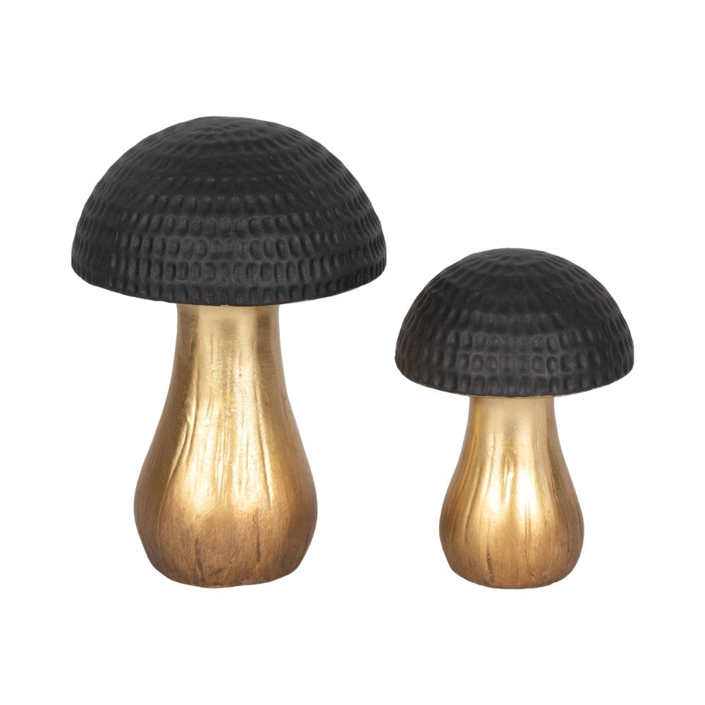 Two decorative mushrooms, gold stems and black caps, on a white background.