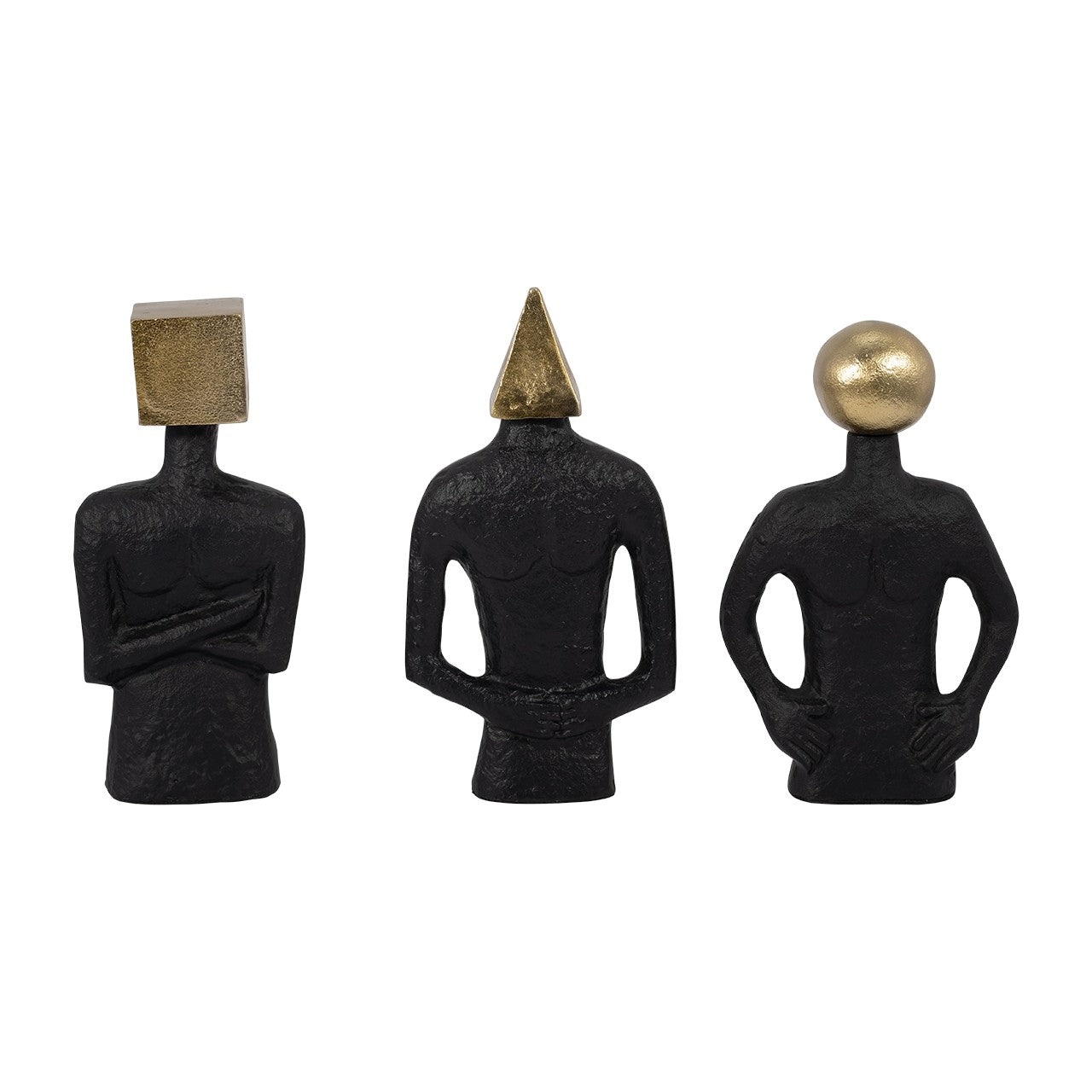 Three black figurines with gold geometric heads: cube, cone, and sphere.