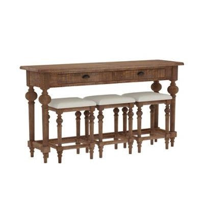 Wooden console table with stools beneath, featuring turned legs and a drawer.