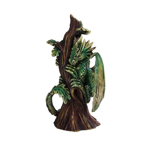Green dragon entwined around a detailed tree trunk.