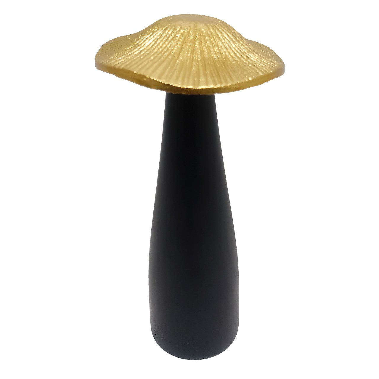 Black vase with a golden mushroom-like top.